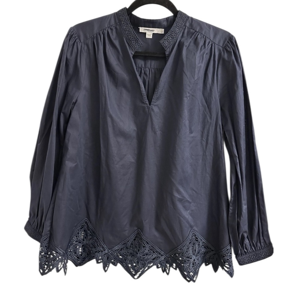 Chicos  Lace Trim Blouse Top Size 2.5 US 14 Dark Navy V-neck Cotton Breathable